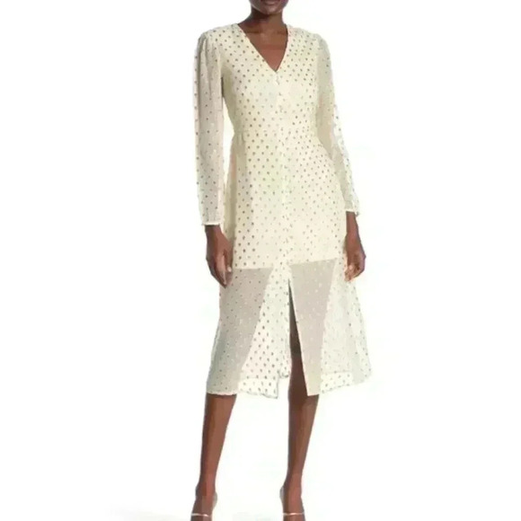 NSR NICOLA METALLIC DOT MIDI DRESS IN IVORY size large - Picture 1 of 14